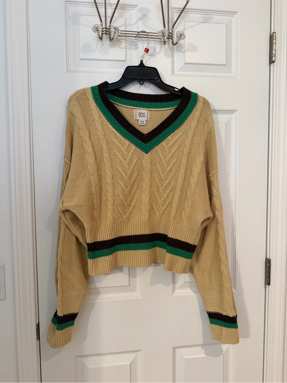 BDG Beige Cable-Knit V-Neck Sweater with Green & Black Trim